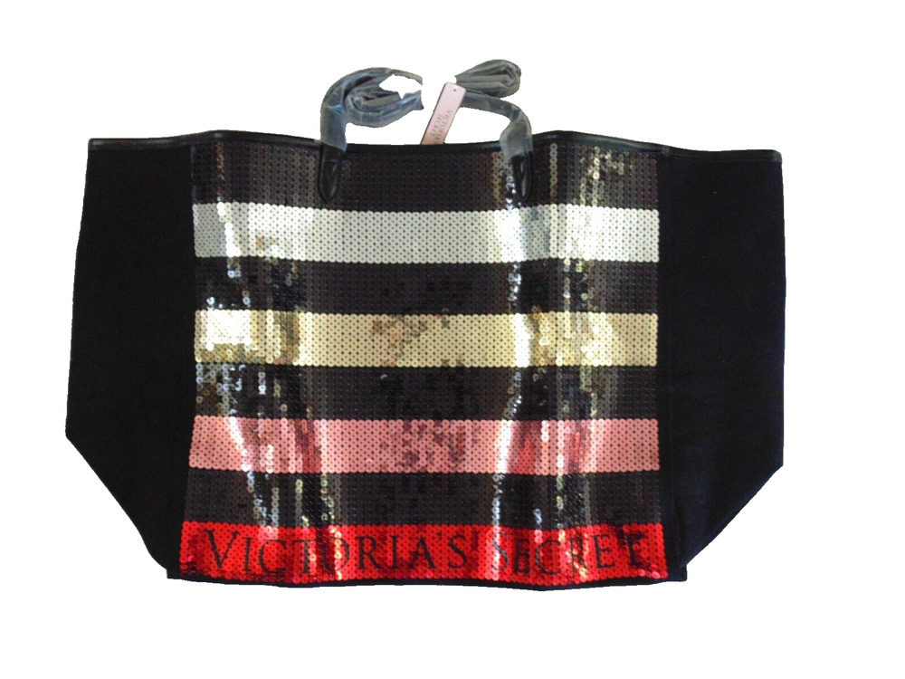 New Victoria's Secret Tote Bag Bling Sequin Stripe Beach Bag Weekender Overnight